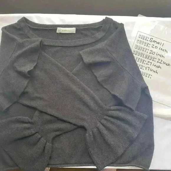 Zara Knit Black Flounce Sweater Bell Cuff Ruffle Shoulder Black Women Size Small - Picture 8 of 12